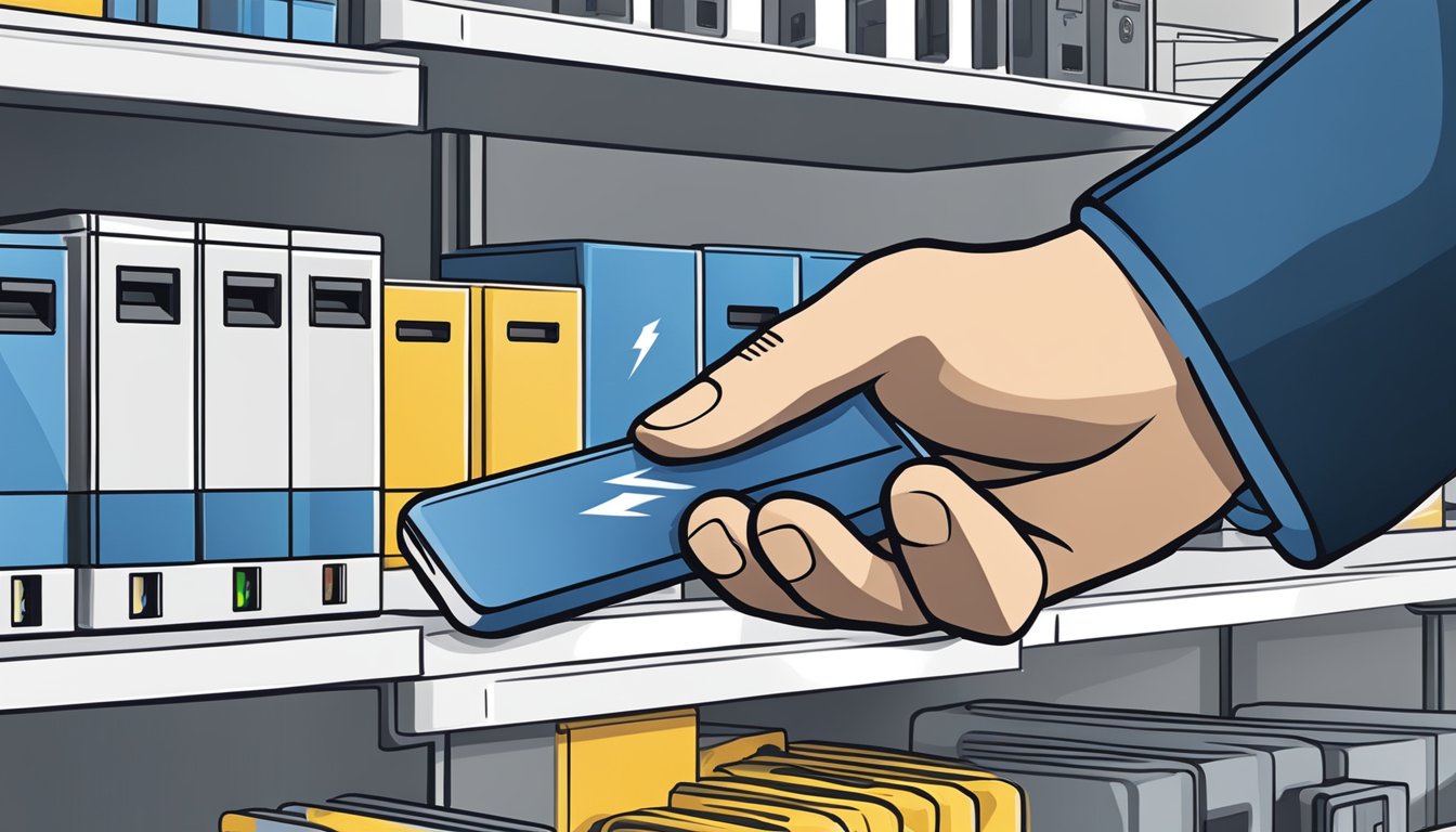 A hand reaches for a lightning to USB-C adapter on a store shelf at Best Buy