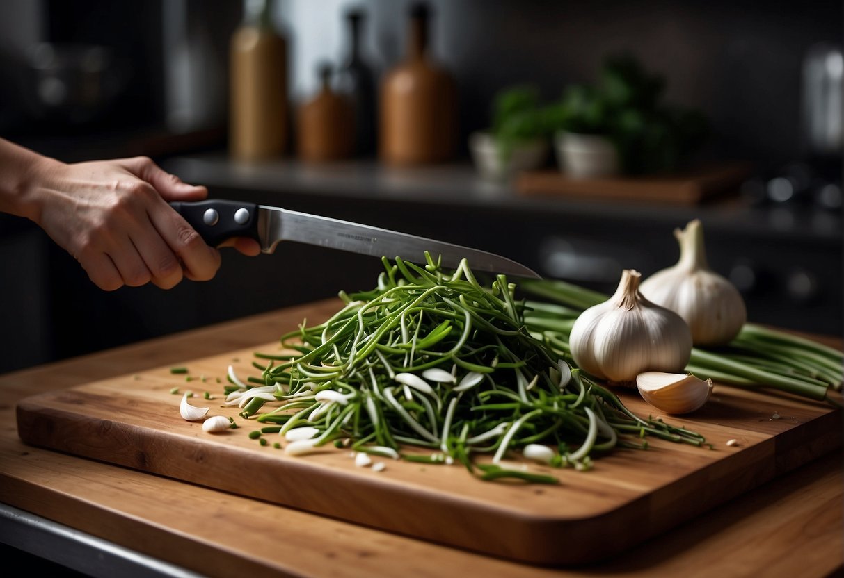 Garlic shoots being chopped for a Chinese recipe, with a cutting board, knife, and fresh garlic shoots on a kitchen countertop