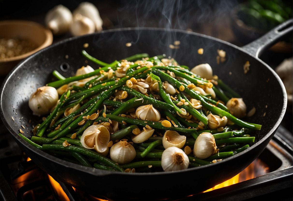 Garlic shoots are being stir-fried in a wok with Chinese seasonings. Oil sizzles as the shoots are tossed and cooked to perfection