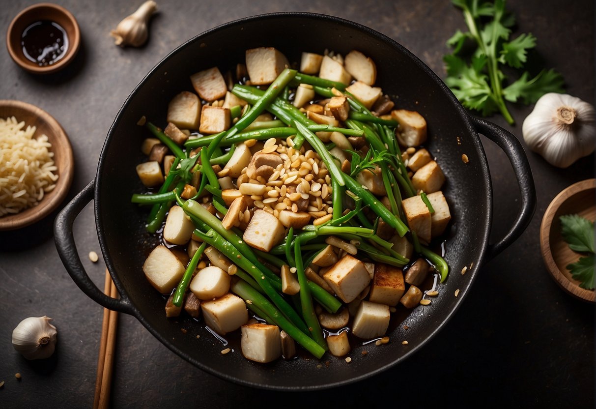 Garlic shoots being stir-fried in a wok with soy sauce and ginger, steam rising, surrounded by other ingredients like tofu and mushrooms