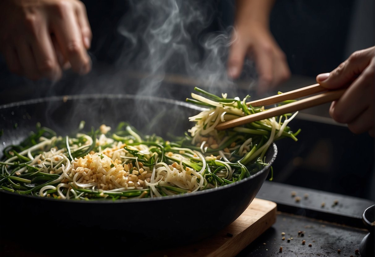 Garlic shoots being chopped and stir-fried in a sizzling wok with Chinese seasonings