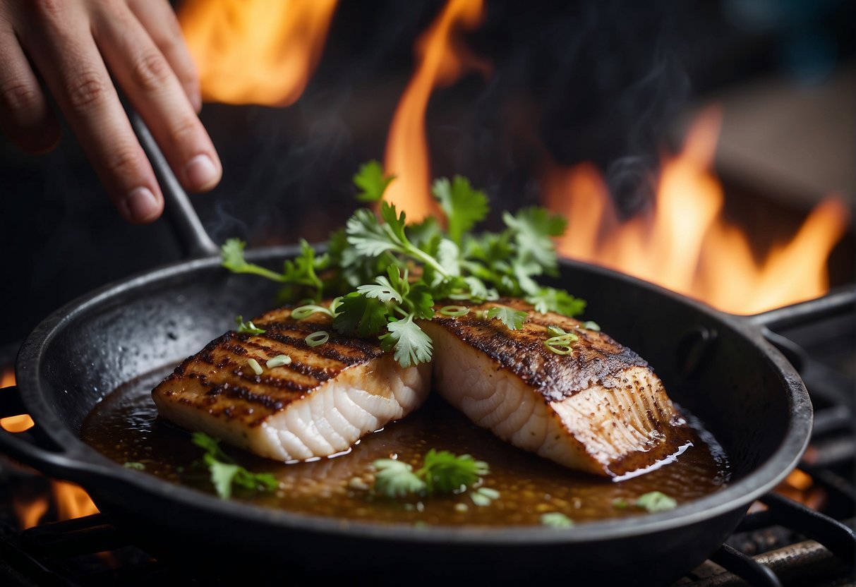 A chef prepares Chinese catfish, marinating it in soy sauce and ginger, then grilling it over an open flame. The aroma of sizzling fish fills the air as the chef garnishes the dish with fresh cilantro and slices of lime