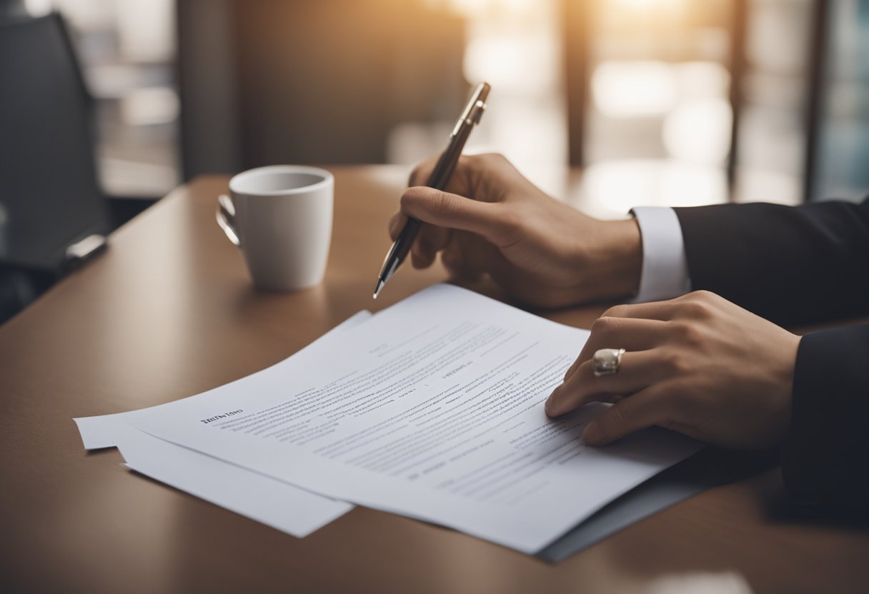 A person signing a contract torn in half, with an open door in the background