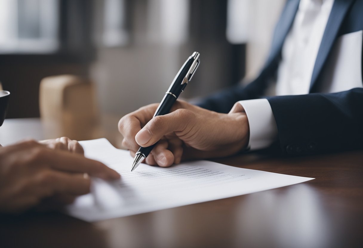 A person signing a contract, then tearing it in half