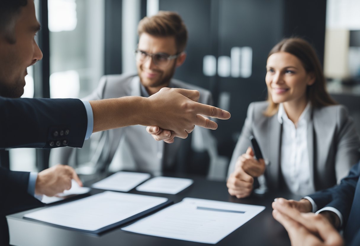 A person discussing terms with a facility manager, gesturing and pointing at a contract