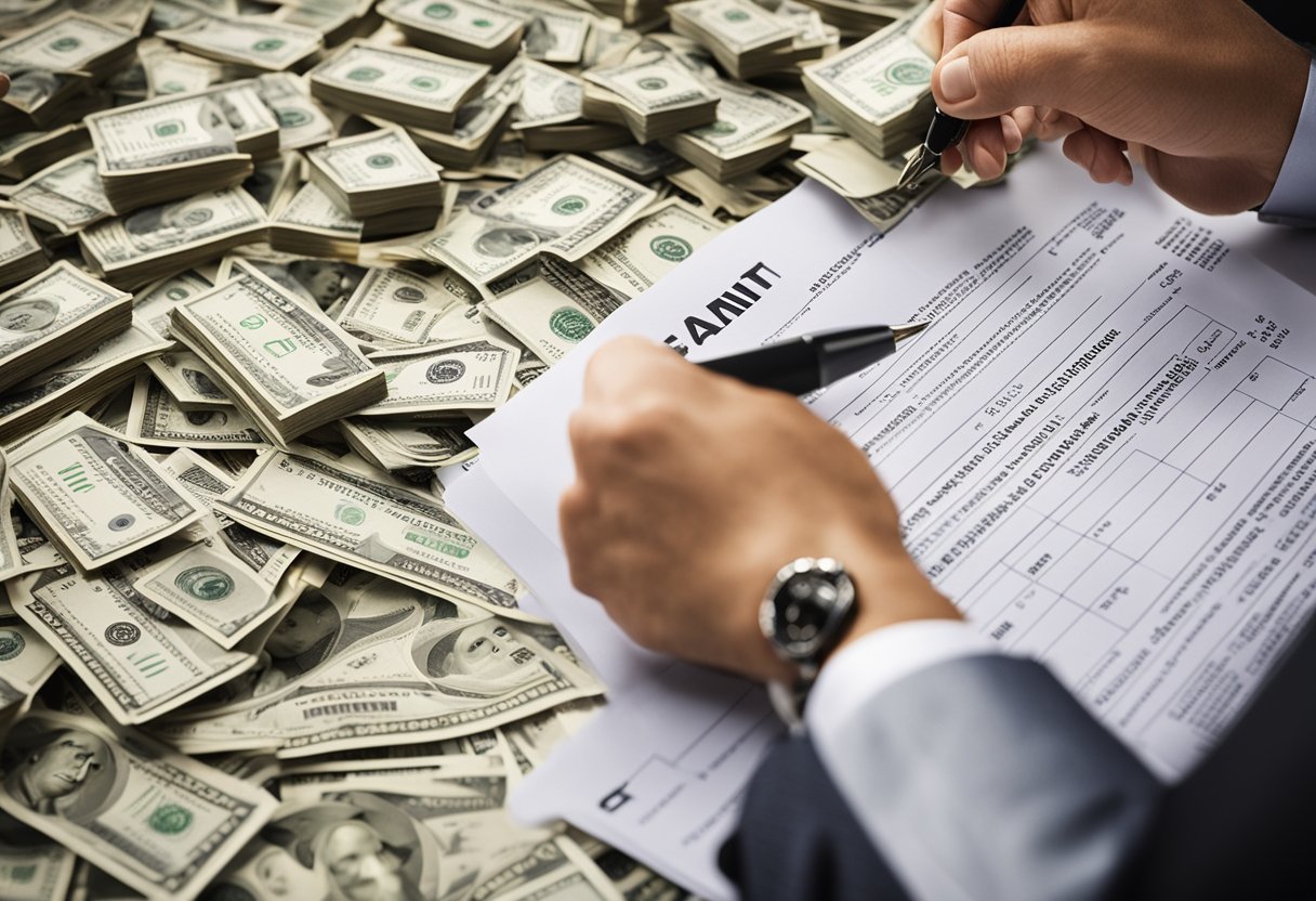 A person signing a contract with an arrow pointing to an exit door, surrounded by dollar signs and a calculator