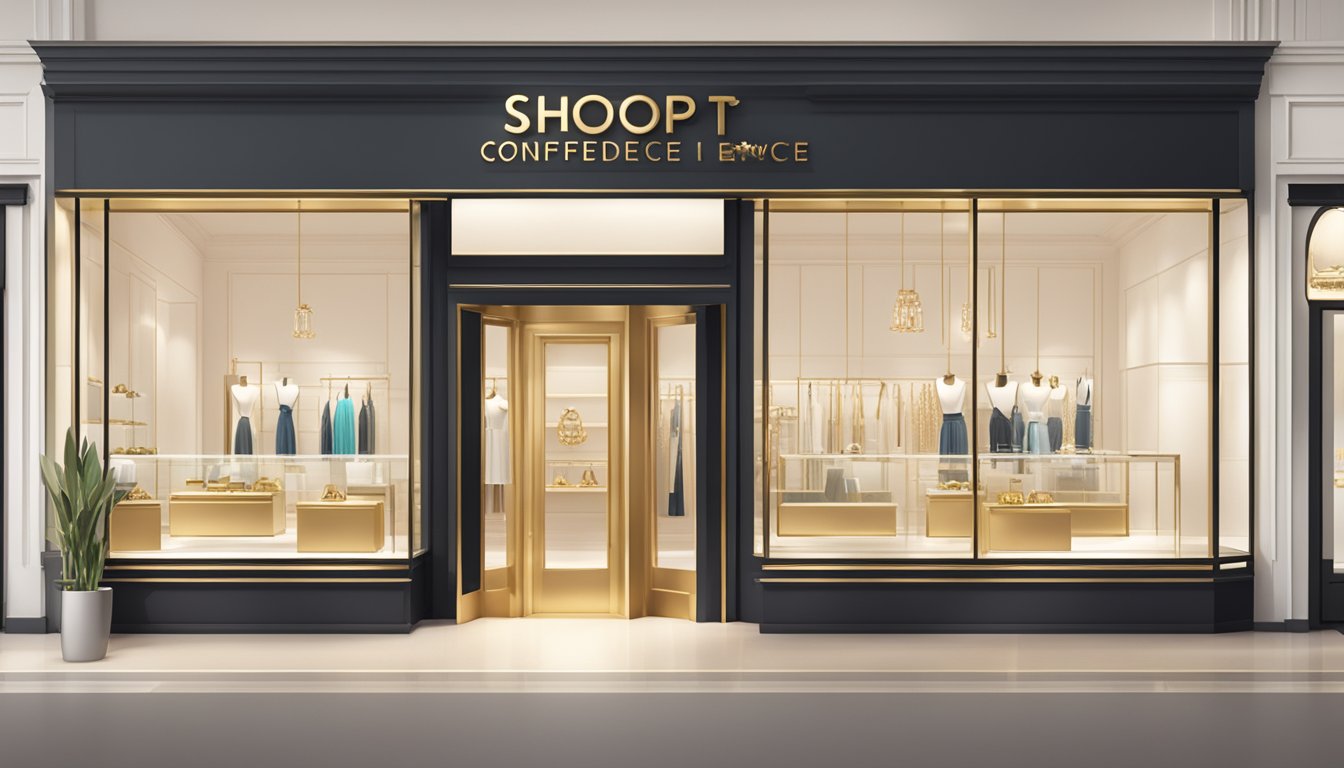 A bright, modern jewelry store with a "Shop with Confidence" sign. Gold necklaces and rings on display. Online ordering available