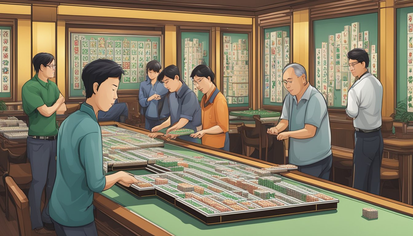 Players selecting a mahjong table from a variety of options displayed in a showroom
