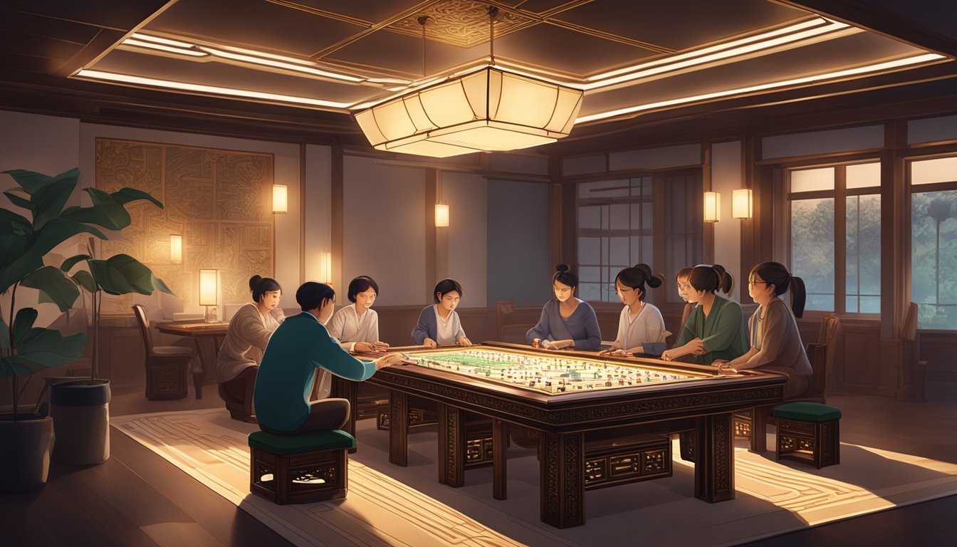 Players gather around a sleek mahjong table, adorned with intricate designs and built-in accessories. The soft glow of the overhead lights illuminates the room, creating a cozy and inviting atmosphere for an immersive gaming experience