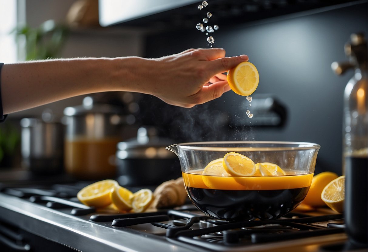 A hand reaching for a bowl of ginger, sugar, and water. A pot bubbles on the stove. Ingredients mix, creating a fragrant syrup