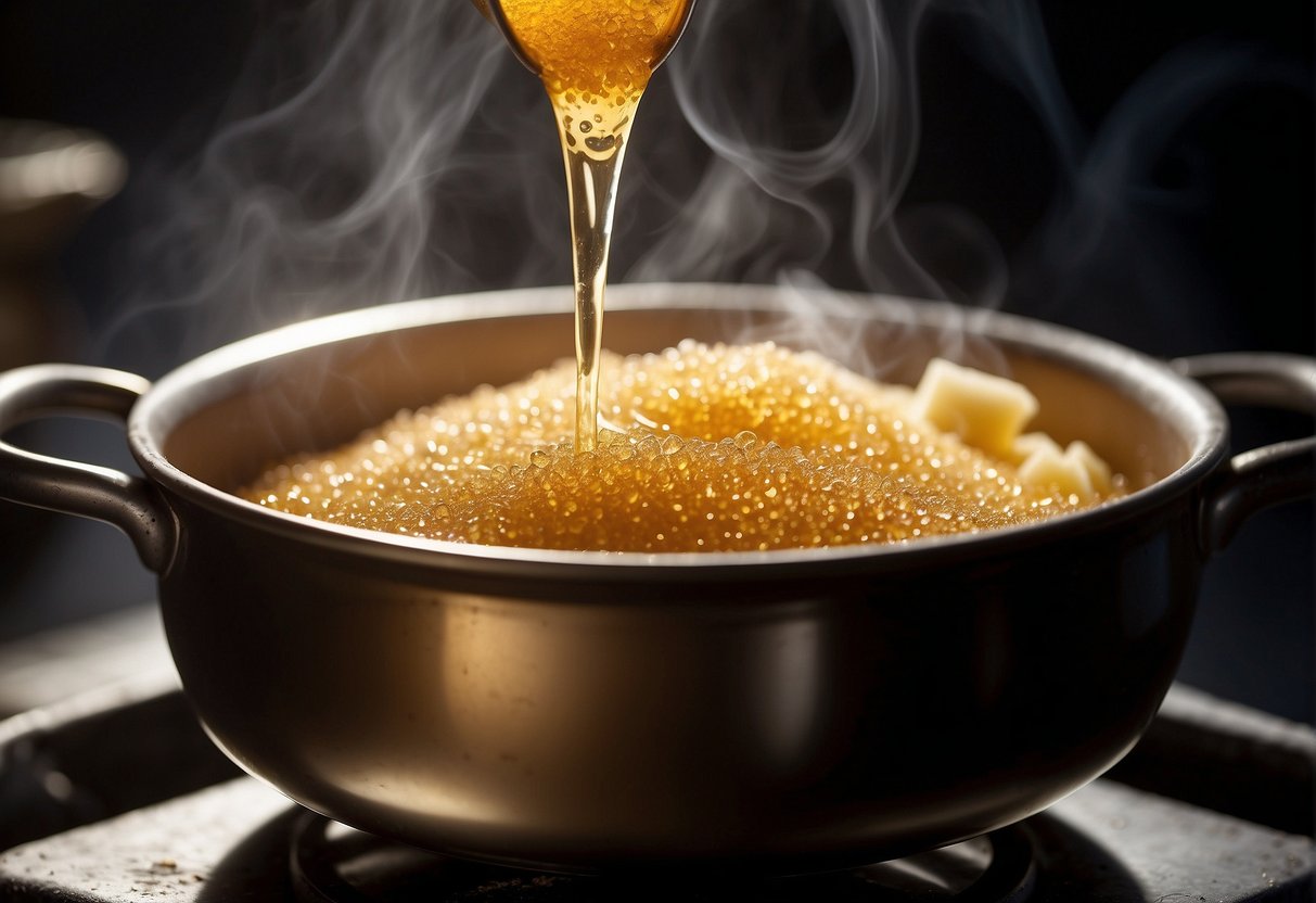 A pot of boiling sugar syrup with grated ginger being stirred in. Steam rises as the mixture thickens and turns golden brown