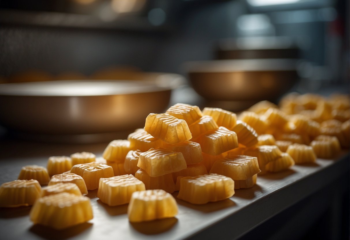 Ginger candy being shaped and stored in a Chinese kitchen