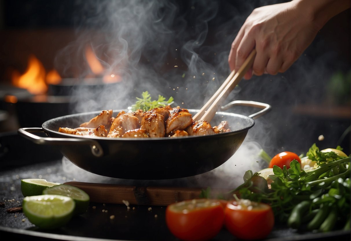 A sizzling wok tosses marinated chicken with ginger, garlic, and soy sauce. Steam rises as the savory aroma fills the air