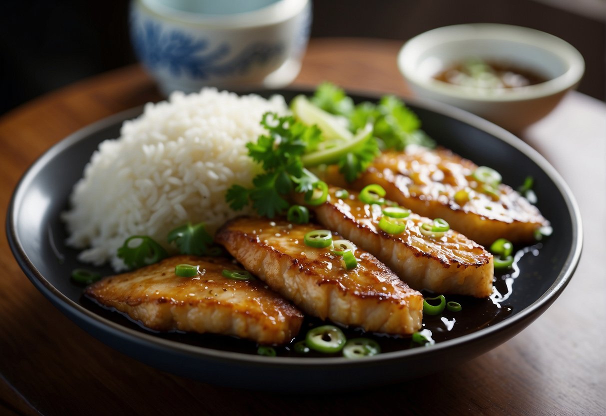 Chinese catfish being marinated in soy sauce, ginger, and garlic. Then, it is pan-fried until golden and crispy. Finally, it is garnished with green onions and served with a side of steamed rice