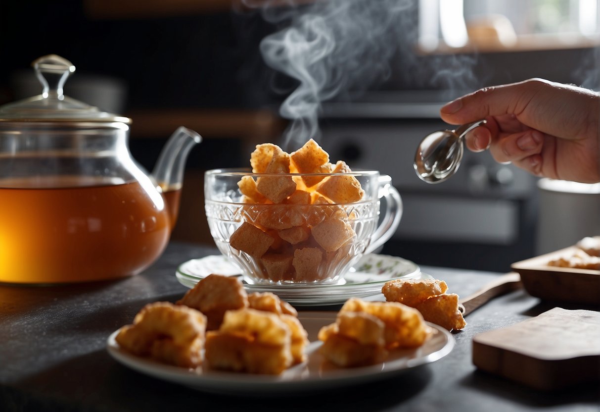 A hand reaches for a plate of ginger candy, while steam rises from a pot on the stove. A teapot and cups sit nearby, ready for serving