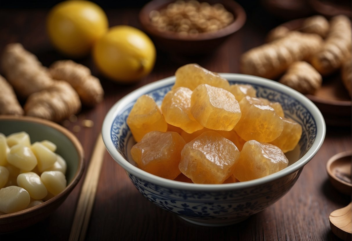 A bowl of freshly made ginger candy, surrounded by traditional Chinese ingredients and utensils. The recipe book is open to the "Frequently Asked Questions" section
