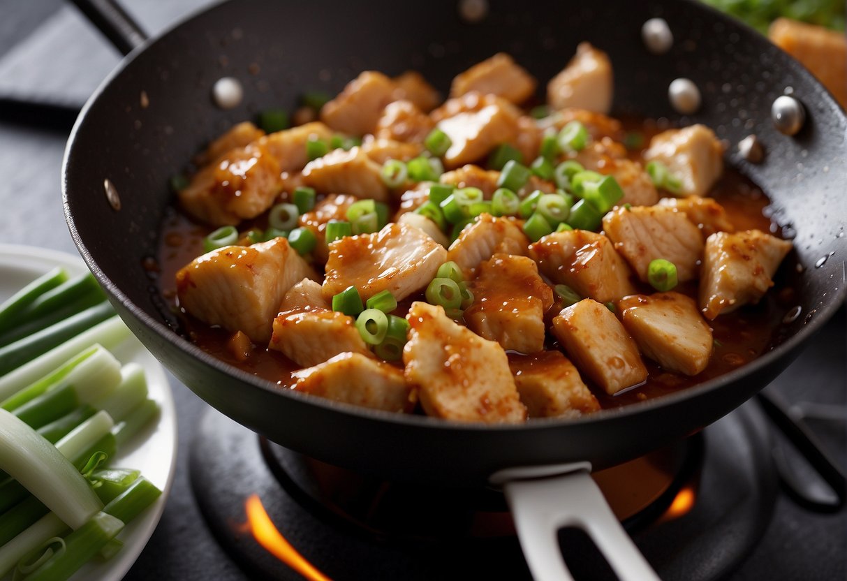 A wok sizzles with diced chicken, ginger, and green onions in a savory Chinese sauce. Aromatic steam rises as the ingredients meld together