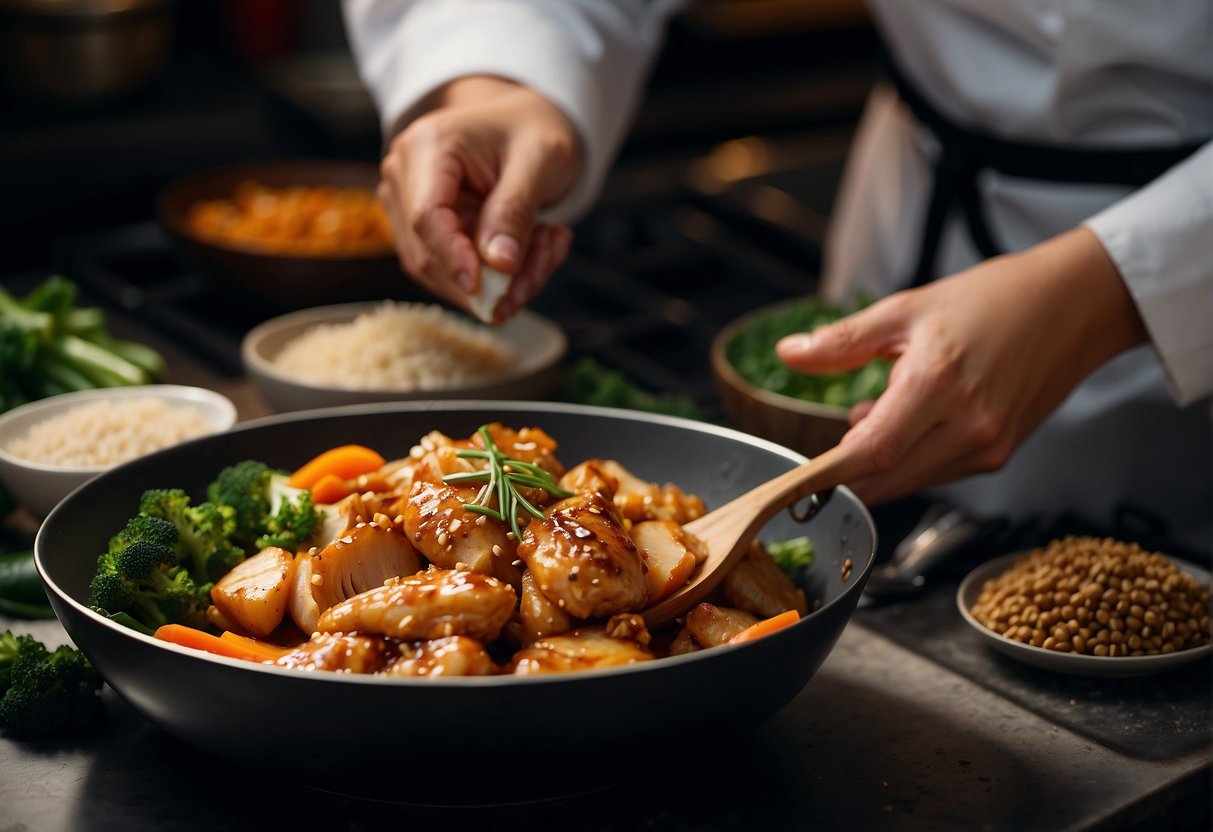 A chef marinates chicken in ginger, soy sauce, and spices. Chopped vegetables and a wok sit nearby