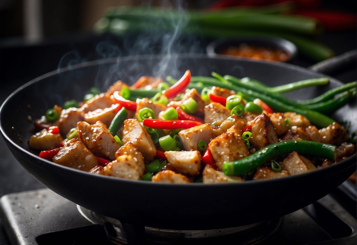 A wok sizzles with diced chicken, ginger, and garlic in a fragrant soy sauce, surrounded by vibrant green onions and red chili peppers