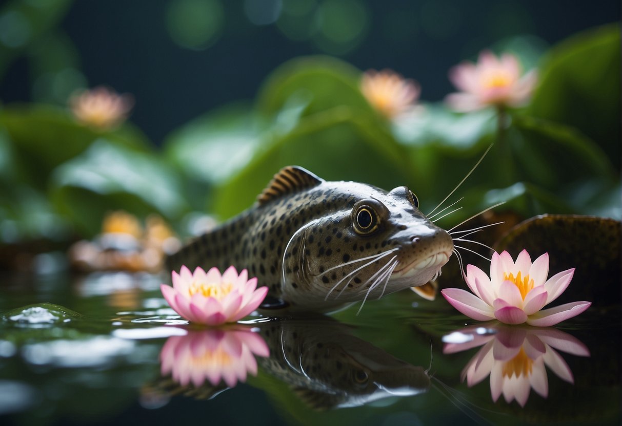 A Chinese catfish swimming in a clear, bubbling stream with bamboo and lotus flowers in the background
