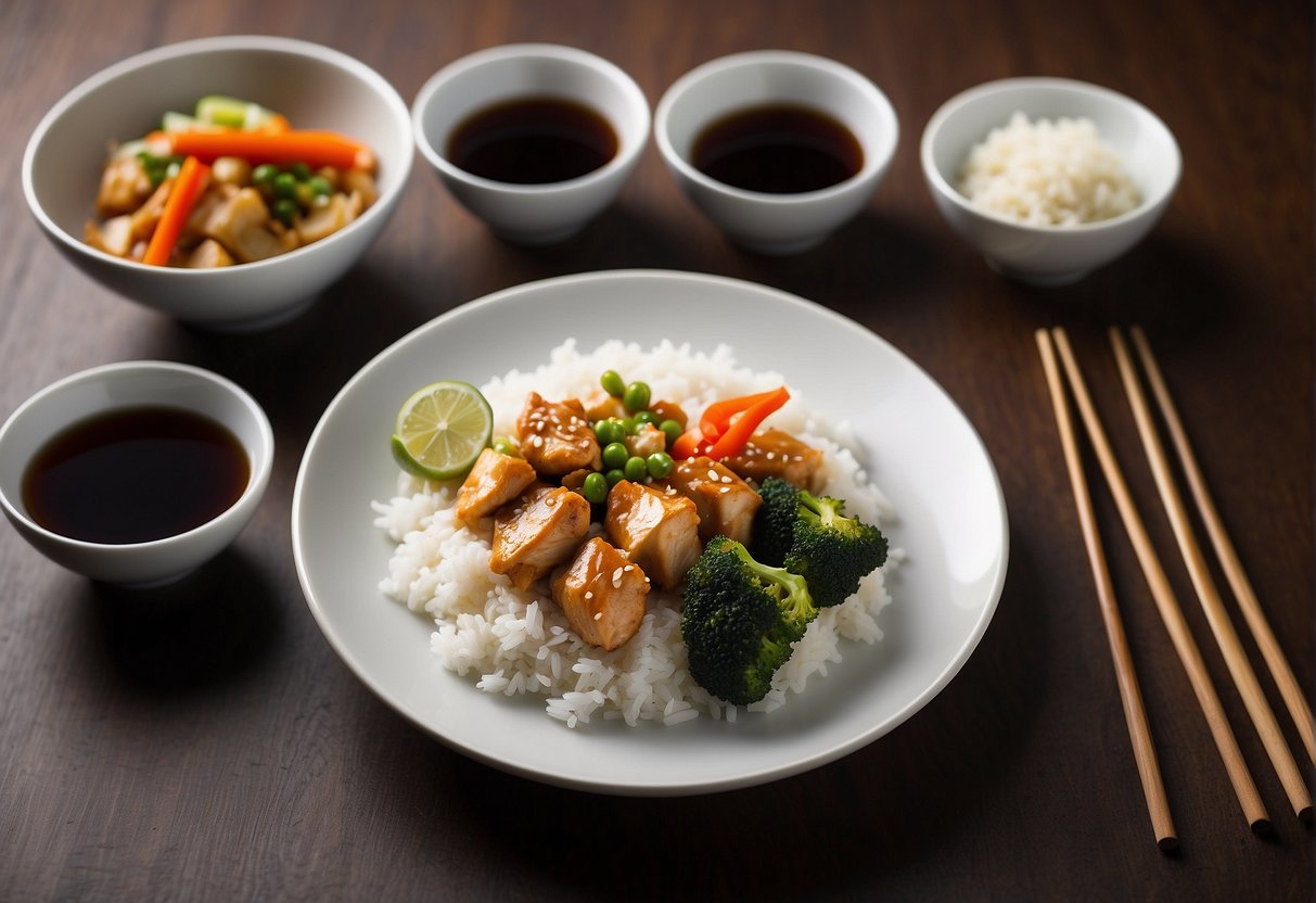 A plate of ginger chicken with steamed rice and stir-fried vegetables, accompanied by a pair of chopsticks and a small bowl of soy sauce