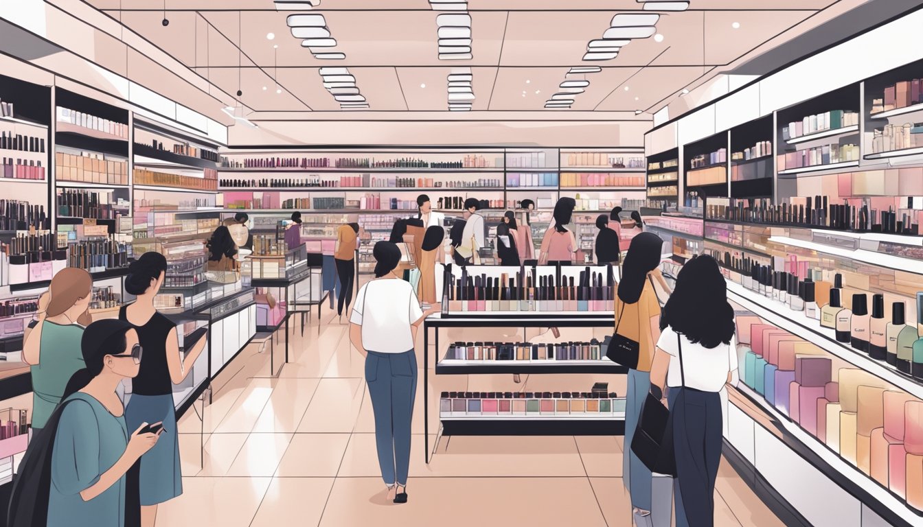 A crowded Sephora store in Singapore with shelves of beauty products and customers browsing