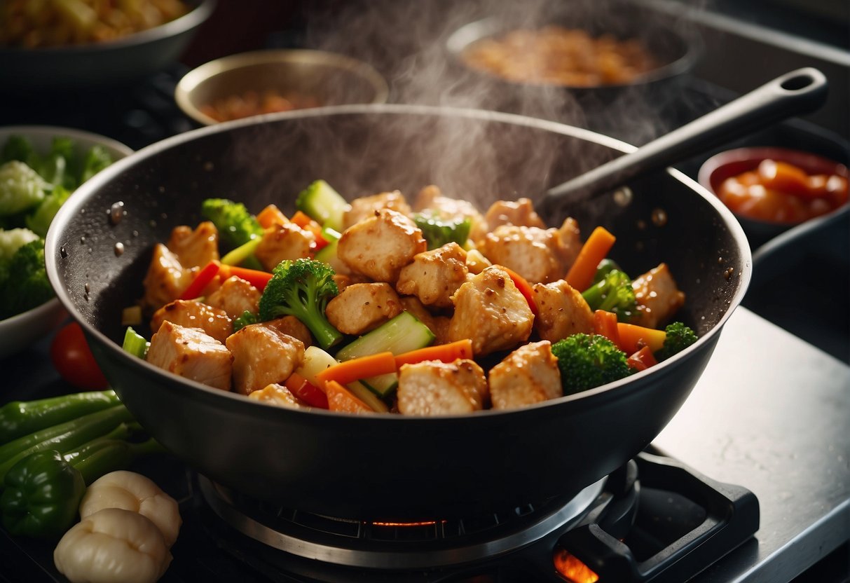A sizzling wok stir-frying chunks of ginger-infused chicken, surrounded by vibrant vegetables and aromatic spices in a bustling Chinese kitchen