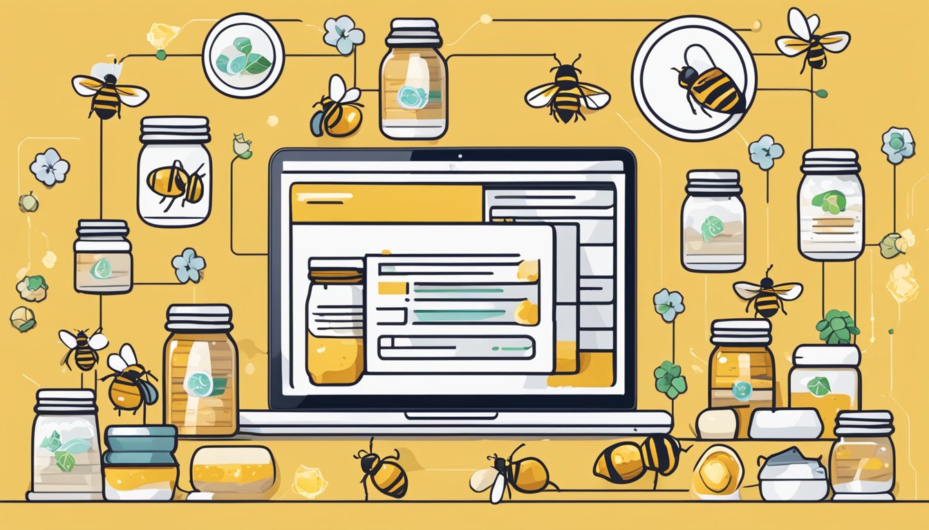 A laptop displaying a website with a "buy manuka honey online" button, surrounded by jars of honey and a buzzing bee