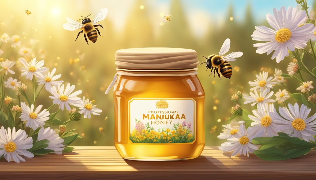 A jar of manuka honey sits on a wooden table, surrounded by wildflowers and honeybees. The sunlight streams in, casting a warm glow on the golden honey