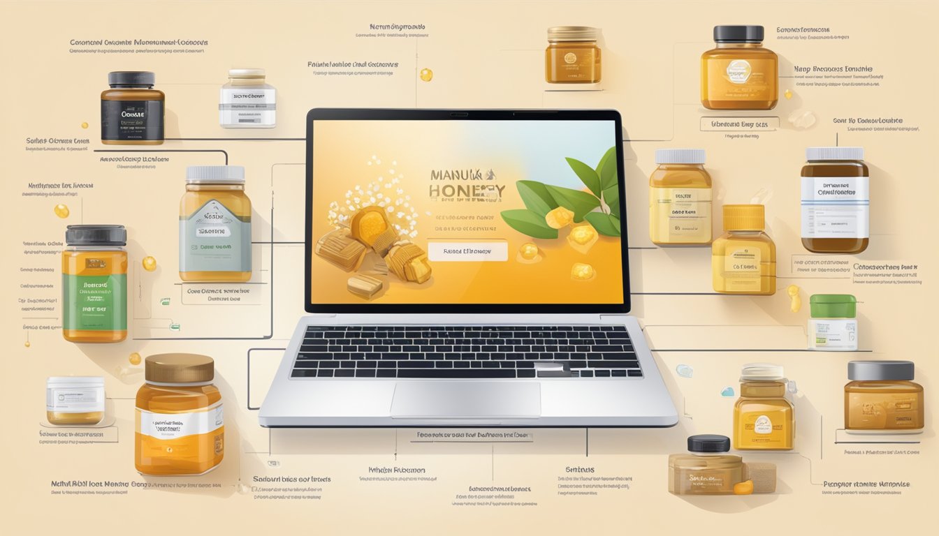 A laptop displaying a variety of manuka honey products, with a secure online checkout process and customer reviews visible on the screen