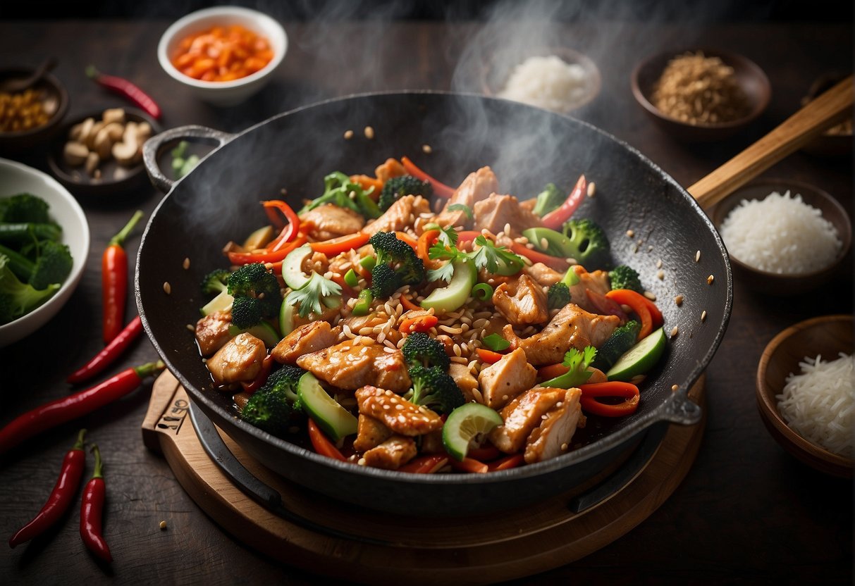 A sizzling wok with ginger chicken stir-fry, surrounded by Chinese cooking ingredients and utensils