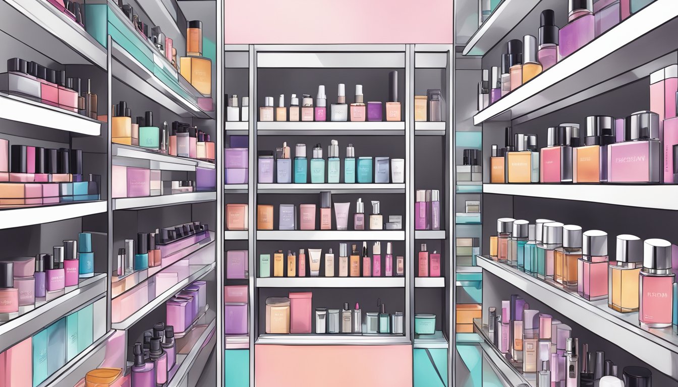 A display of top beauty products at Sephora SG, including skincare, makeup, and haircare items. Bright lighting and clean, organized shelves