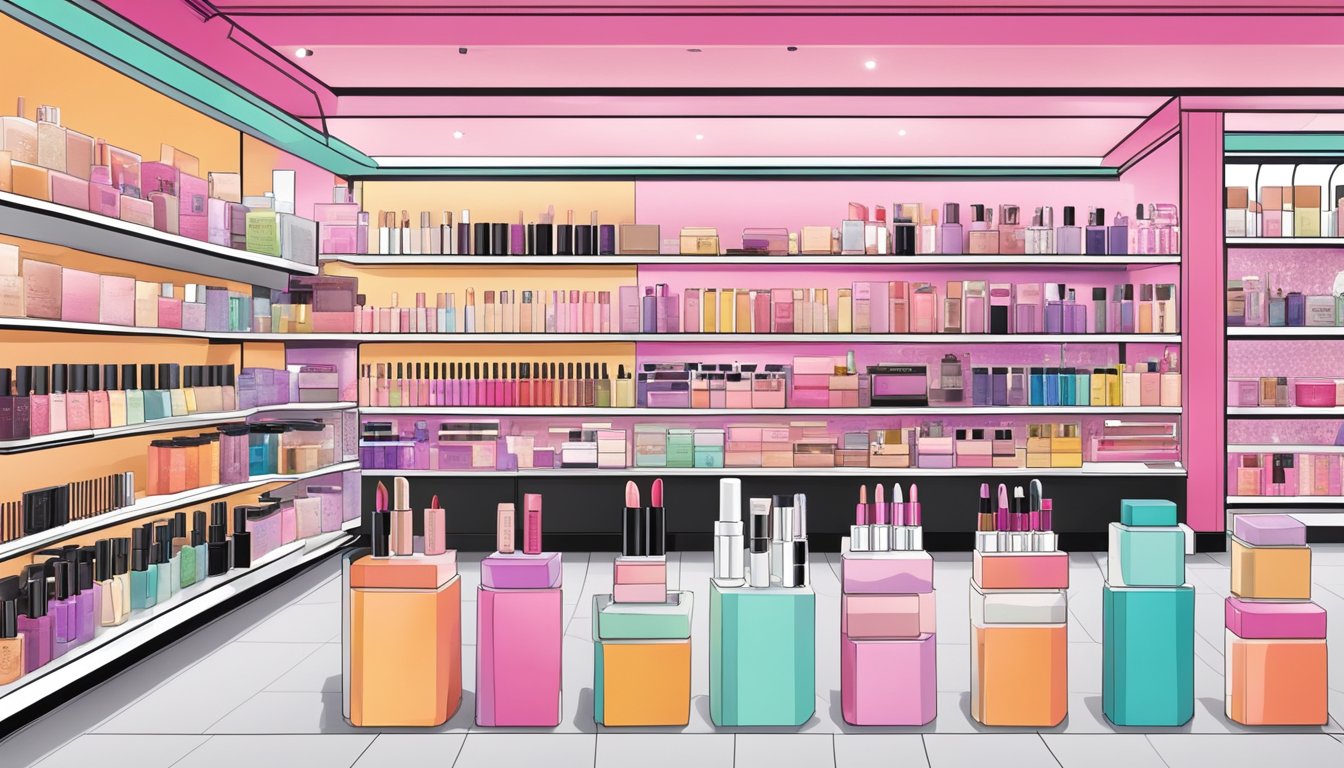 A colorful display of must-buy beauty products at Sephora Singapore, with shelves neatly arranged and bright signage highlighting featured items
