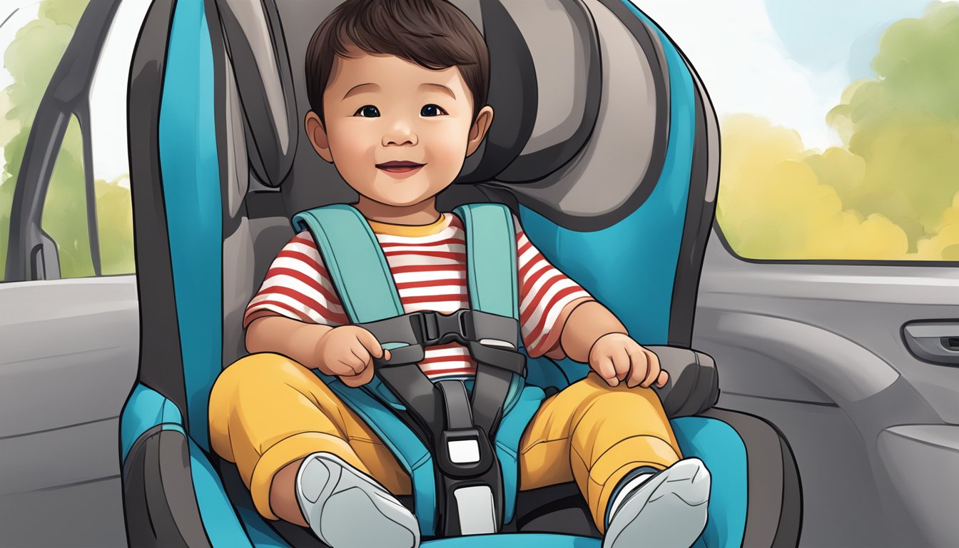 A child sitting in a car seat, holding a compact mifold booster seat in Singapore