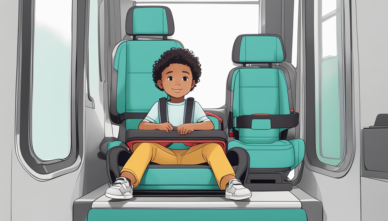 A child sitting comfortably in a compact and portable Mifold booster seat, surrounded by its sleek and innovative design features