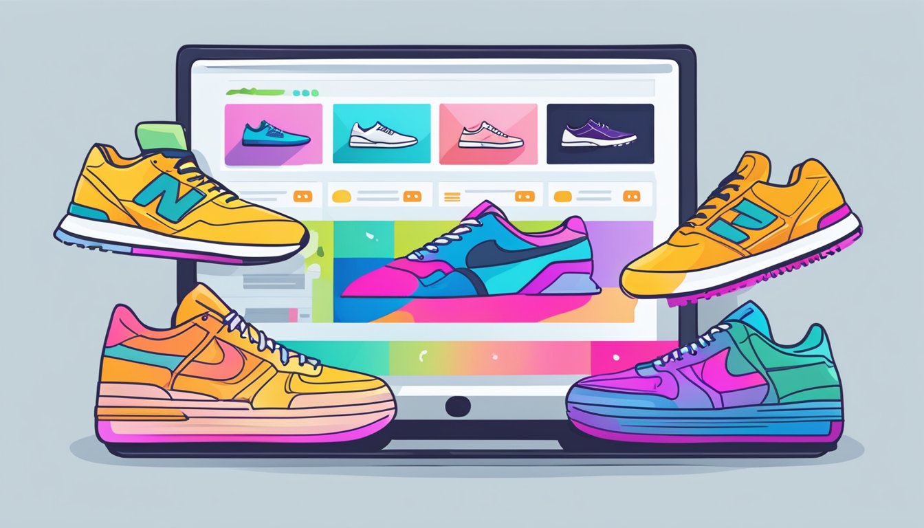 A computer screen displaying a variety of colorful sneakers with discounted prices, a "buy now" button, and a secure checkout icon