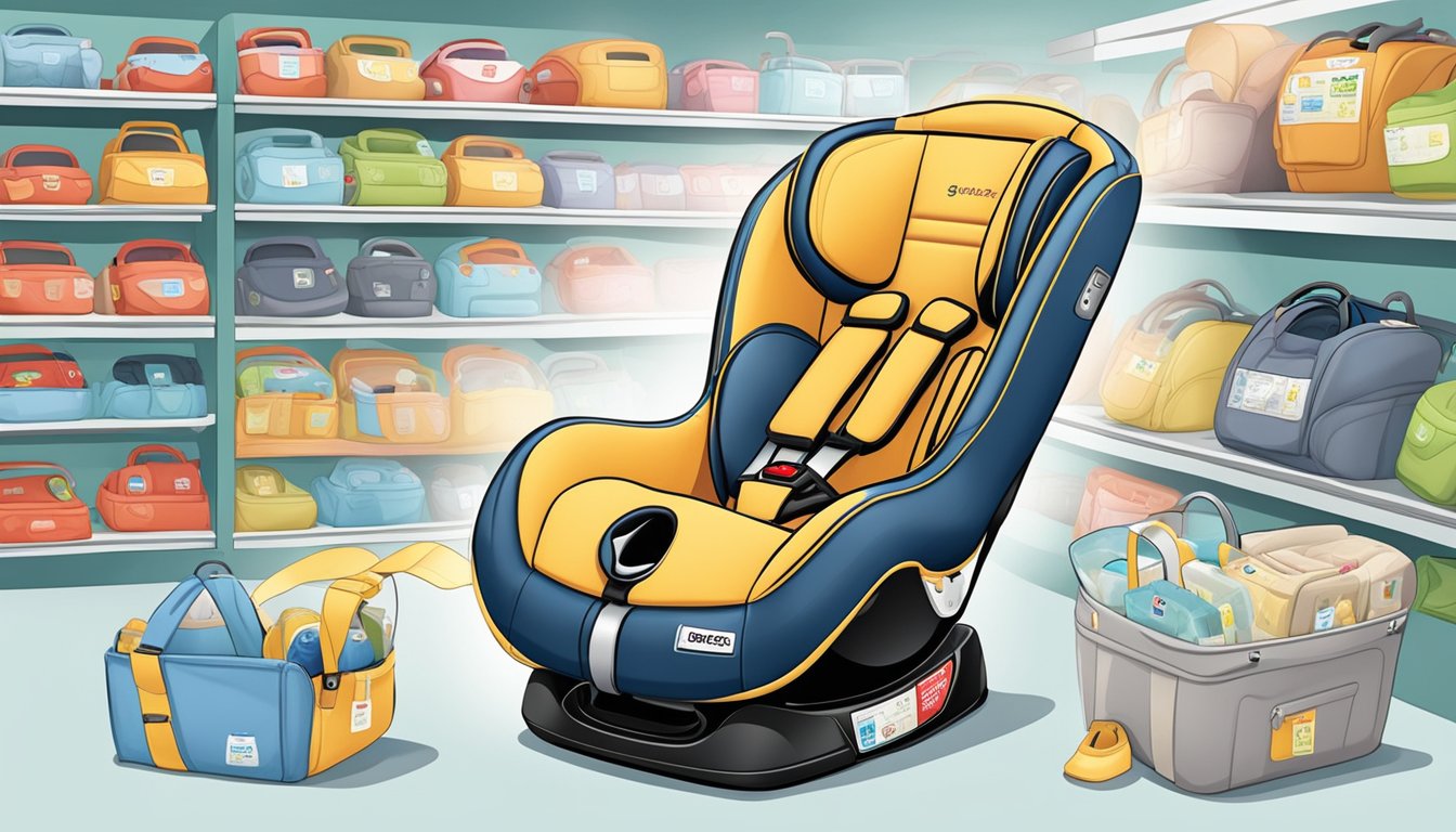 A child's car seat, compact and portable, displayed in a Singaporean store, surrounded by safety information and price tags