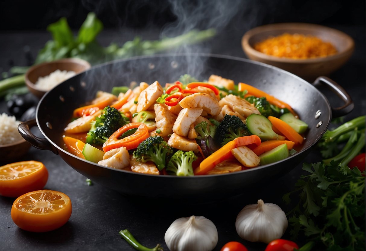 A wok sizzles with ginger, garlic, and fish in a fragrant Chinese sauce, surrounded by vibrant vegetables and steaming rice