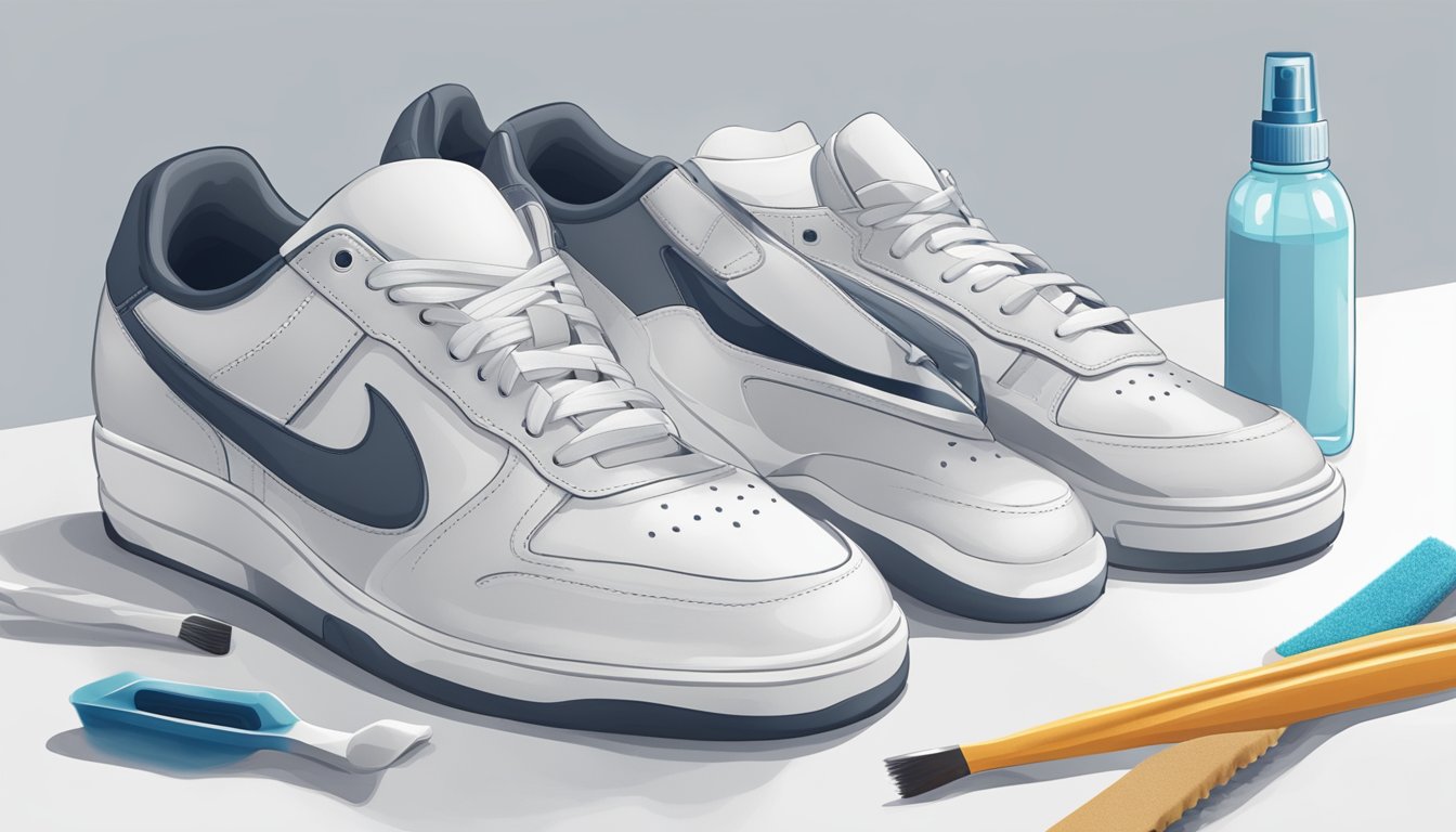 A pair of sneakers sits on a clean, white surface. A bottle of sneaker cleaner, a soft brush, and a microfiber cloth are arranged neatly next to them