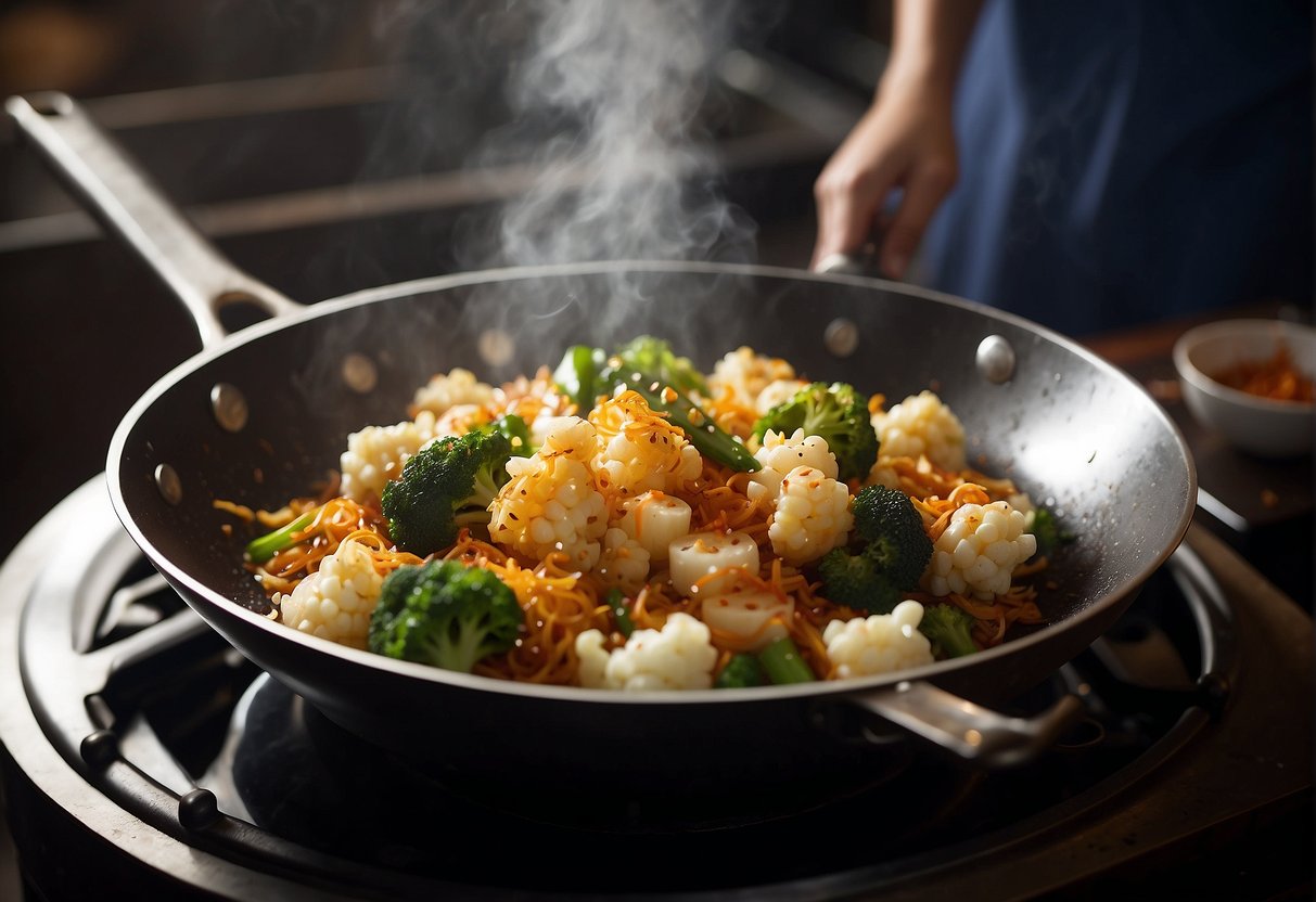 A wok sizzles as Chinese cauliflower is stir-fried with garlic, ginger, and soy sauce. Steam rises as the vibrant florets glisten in the light