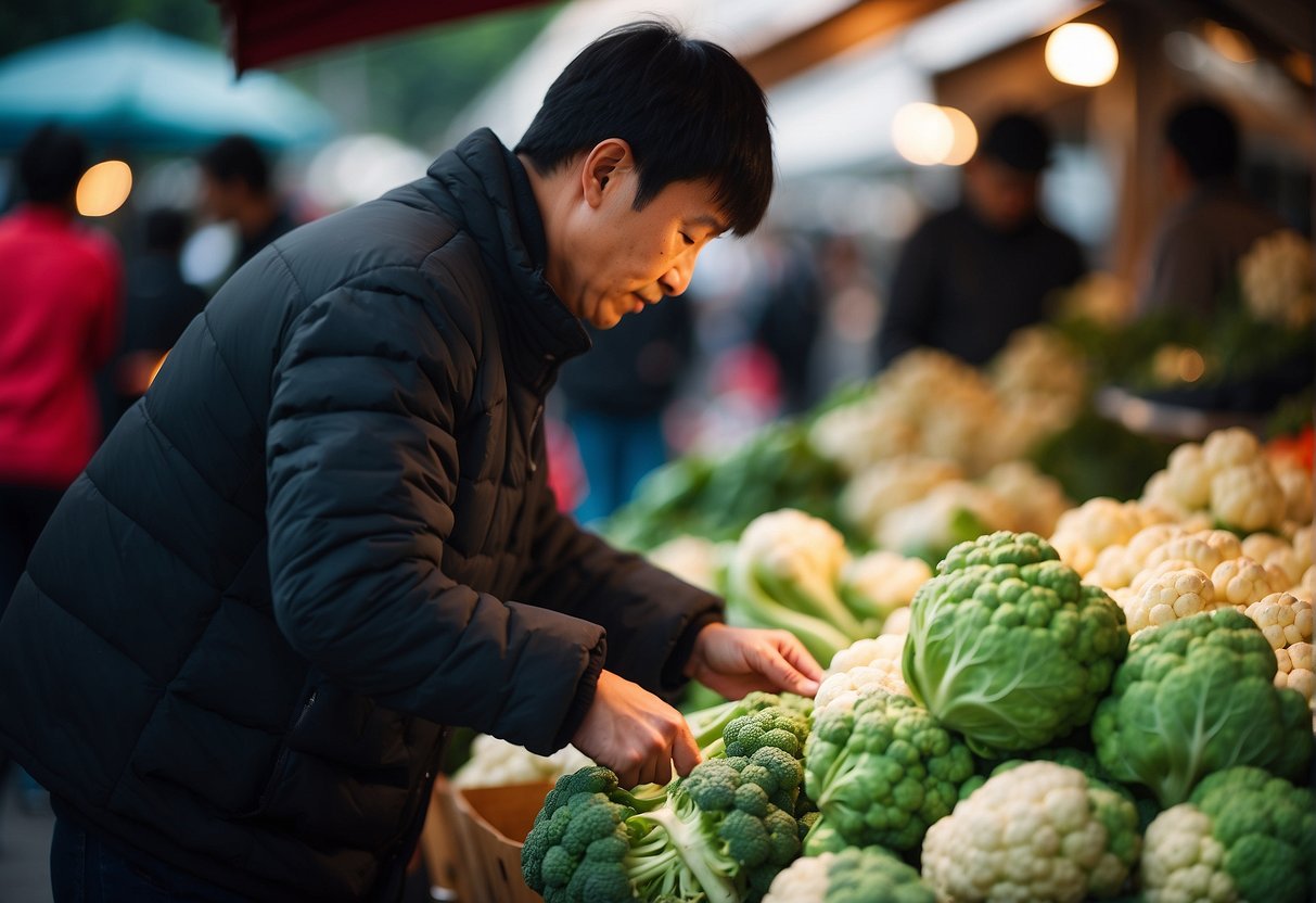 A person selecting fresh Chinese cauliflower from a market stall