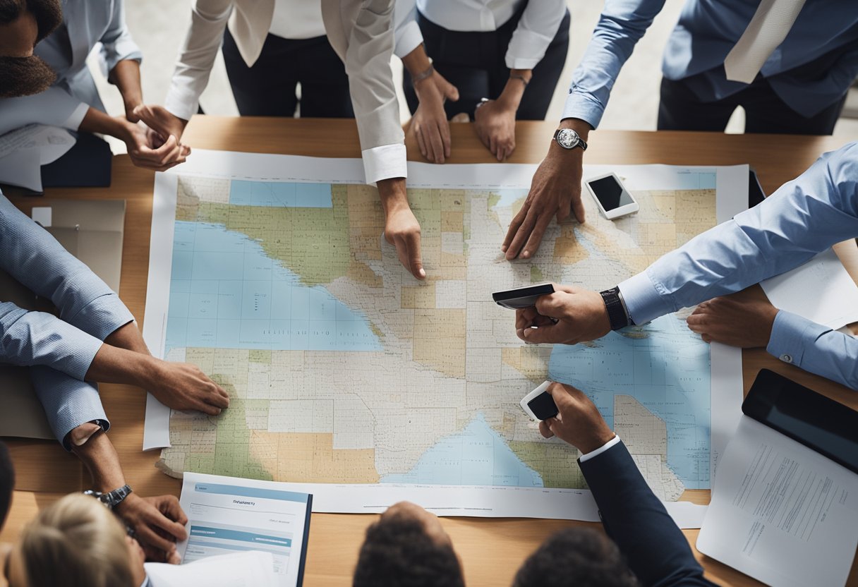 A group of people gather around a table, discussing paperwork and regulations. A California map and business plan lay in front of them