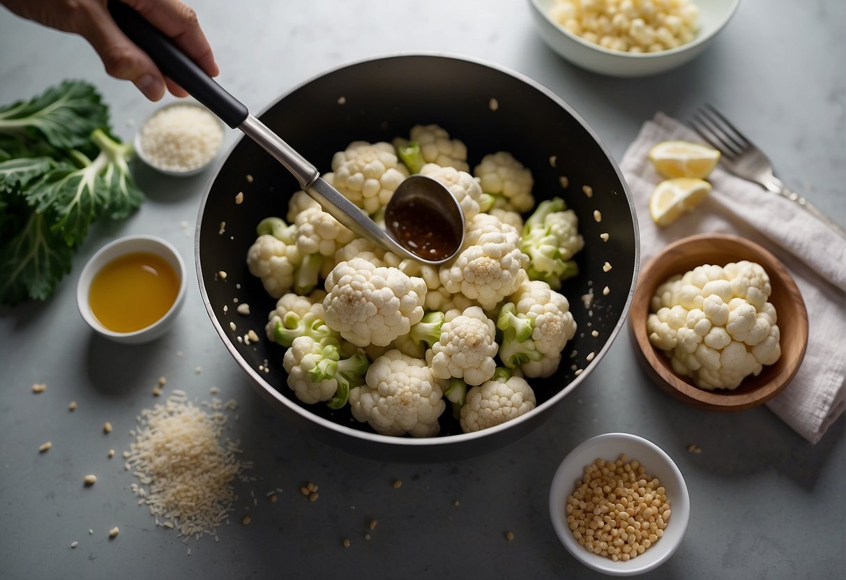 Fresh cauliflower being washed, trimmed, and cut into small florets. Ginger, garlic, and soy sauce being mixed in a bowl. Oil heating in a wok