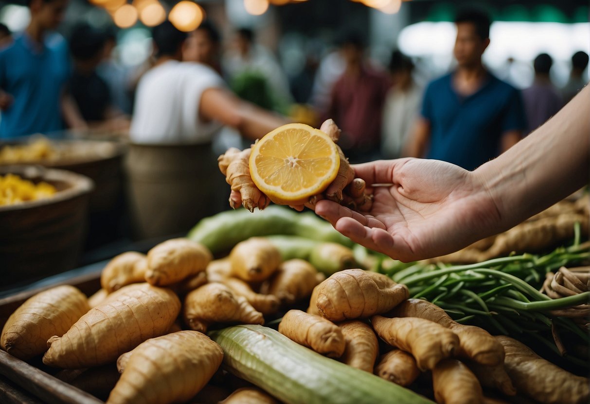 A hand reaches for a fresh ginger root and a whole fish at a bustling Chinese market. Ingredients are carefully selected for a traditional ginger fish recipe