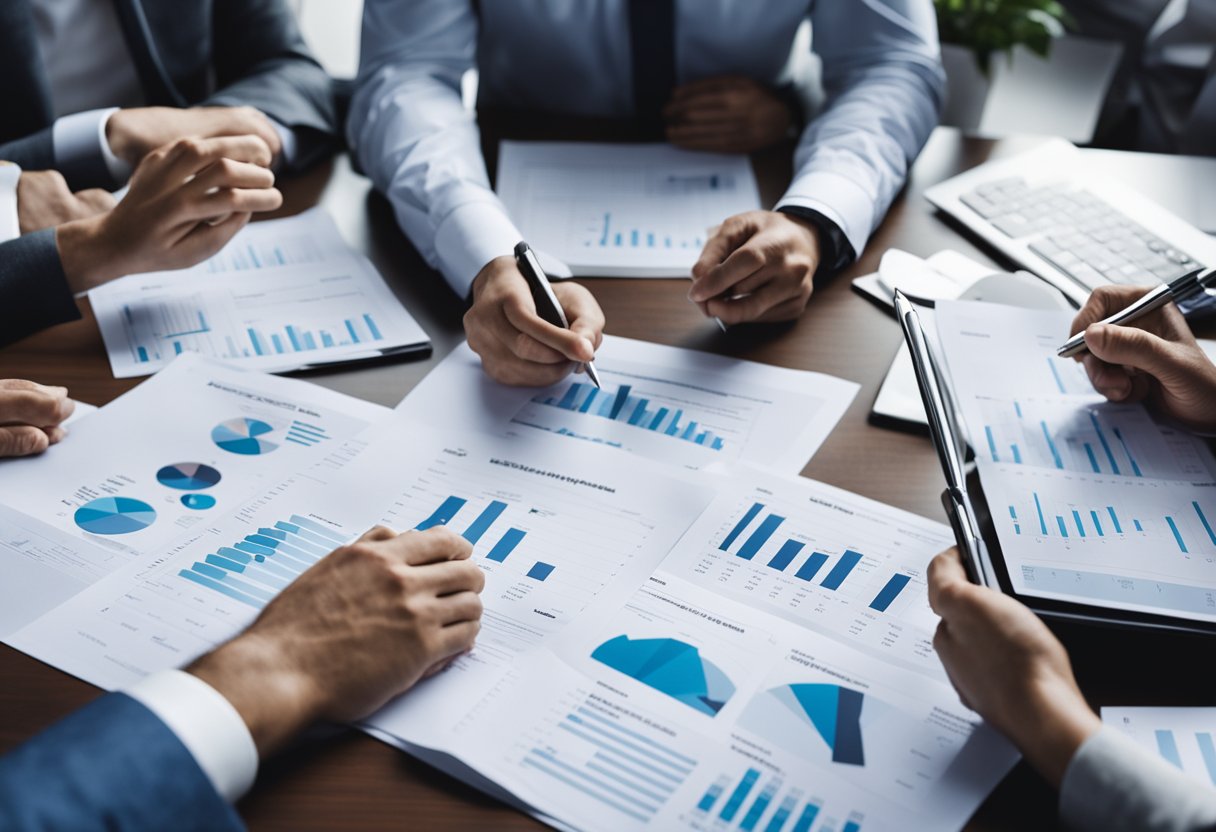 A group of people discussing a business plan at a table with charts and graphs, surrounded by paperwork and legal documents