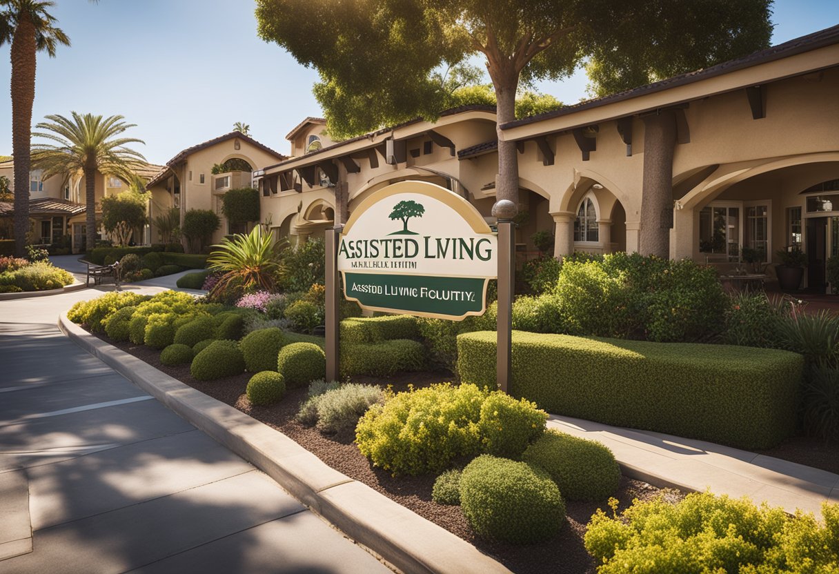 A sunny California street with a sign reading "Assisted Living Facility" and a building with wheelchair ramps and lush landscaping