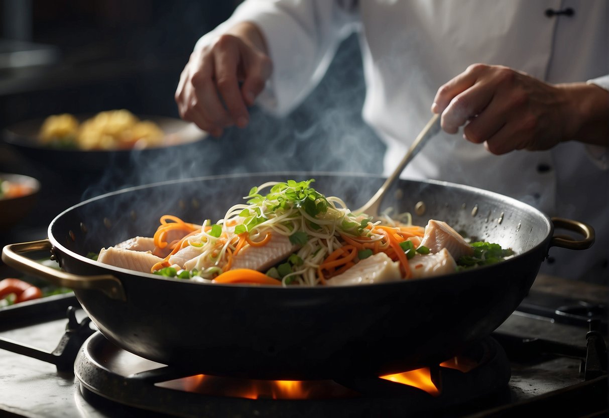 A wok sizzles with ginger-infused fish, steam rising, as a chef expertly prepares a traditional Chinese dish