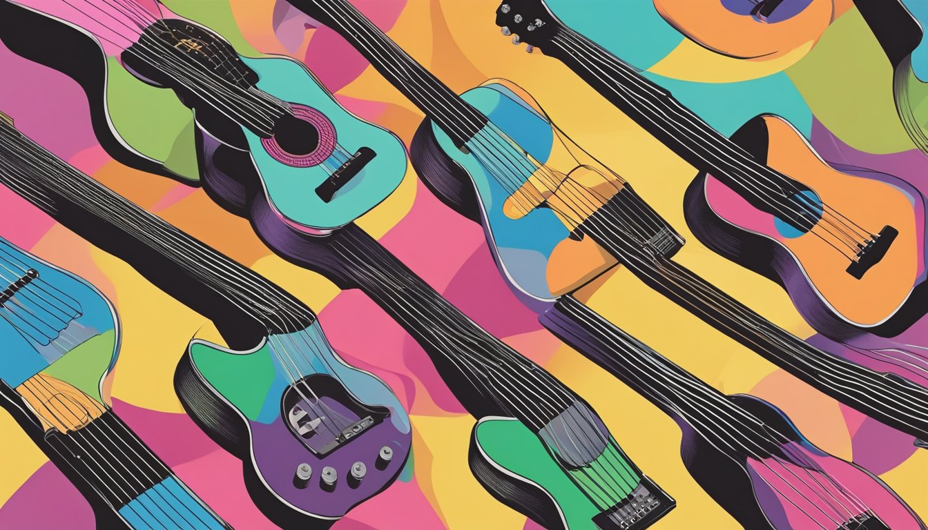 A hand reaches into a box of colorful guitar strings, exploring different brands and types