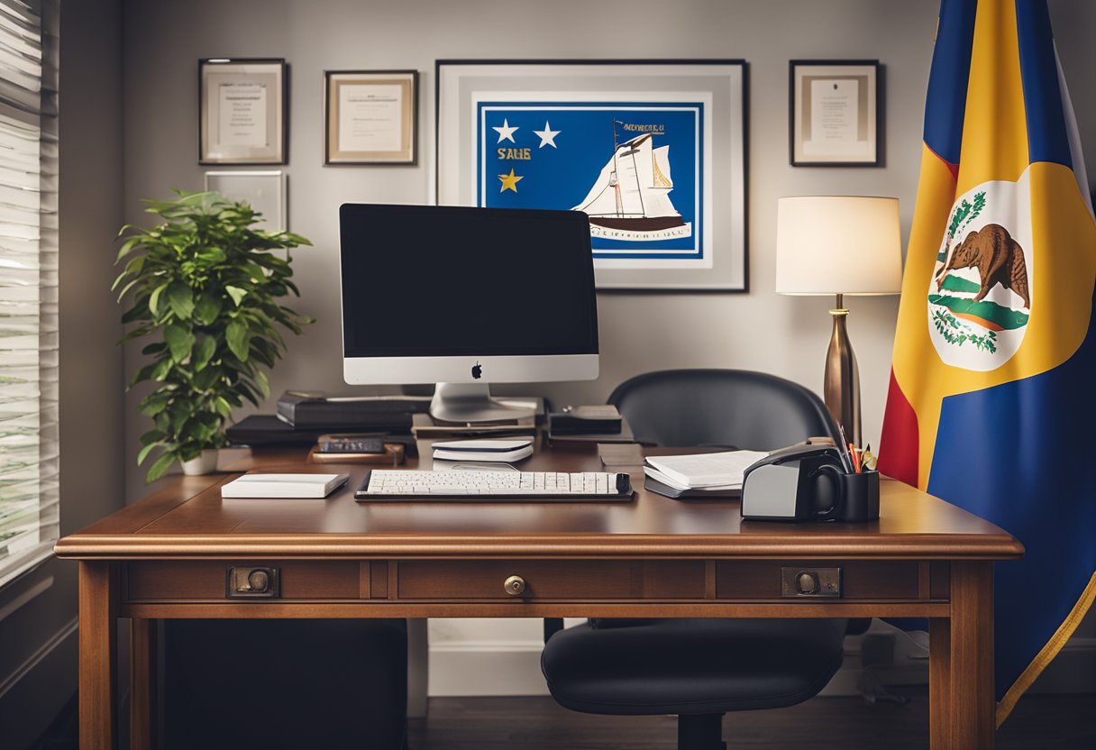 An office desk with a computer, paperwork, and a California state flag. A poster on the wall outlines regulations for starting an assisted living facility