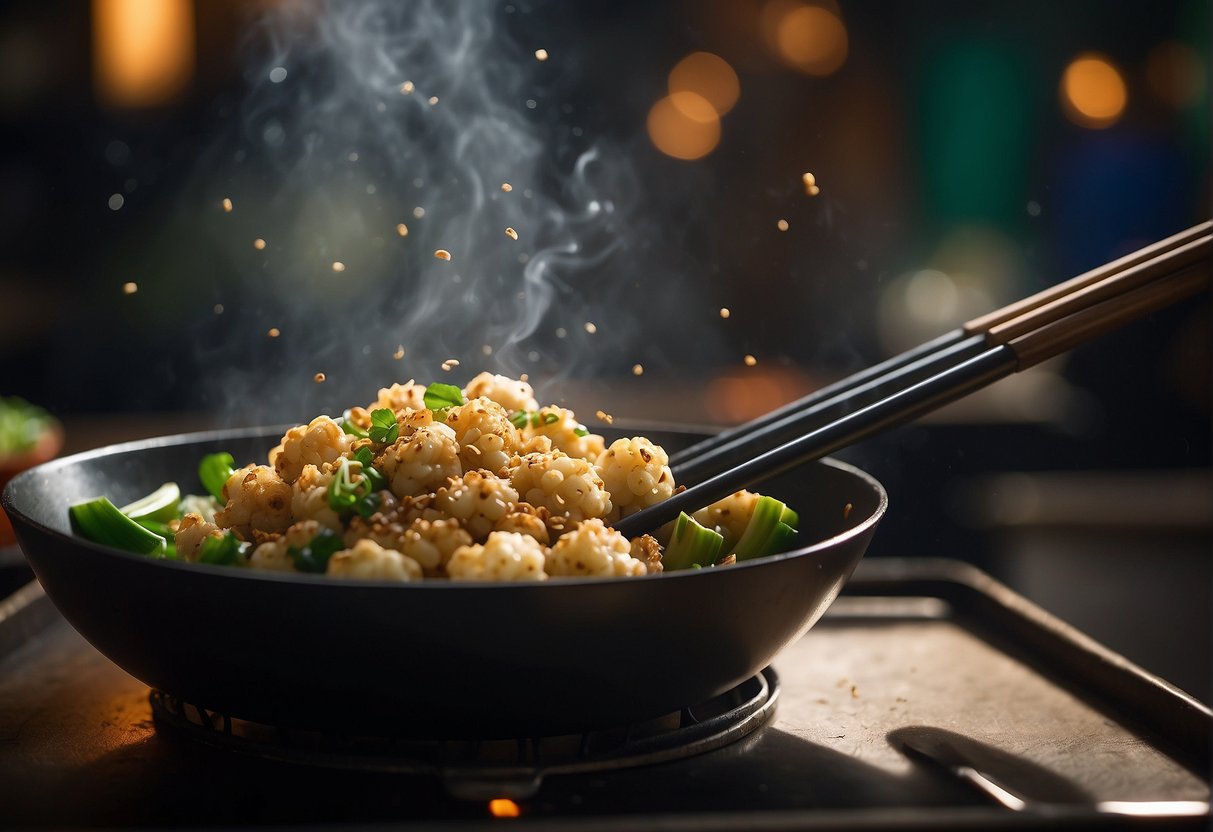 A wok sizzles as Chinese cauliflower is stir-fried with ginger, garlic, and soy sauce. Green onions and sesame seeds are sprinkled on top
